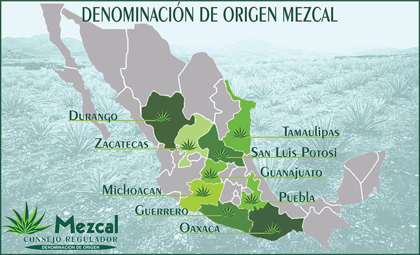 Un mapa de México con los estados de Zacatecas, Durango, Guerrero, Michoacán, San Luis Potosí, Guanajuato y Tamaulipas resaltados en verde.