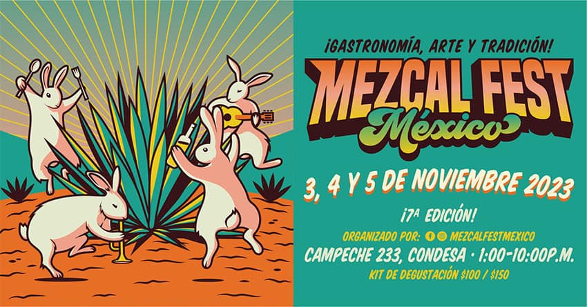 Un cartel de Mezcal Fest México que muestra un agave de dibujos animados y las fechas del 3 al 5 de noviembre.