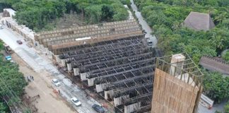 An aerial view of the burned palapas
