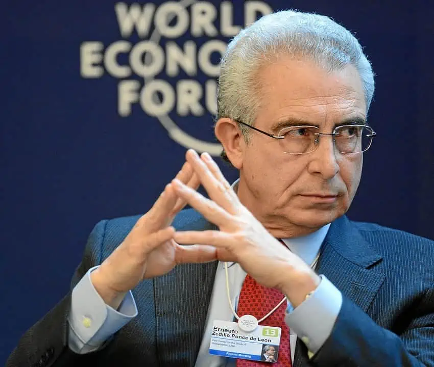 A photo of former president Ernesto Zedillo seated at a conference