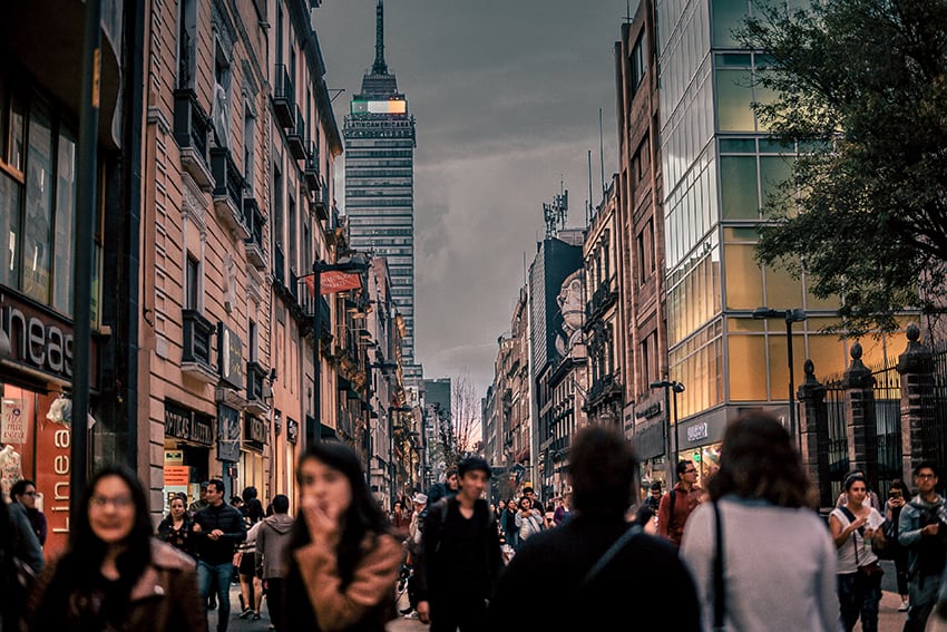 A crowded street in downtown Mexico City