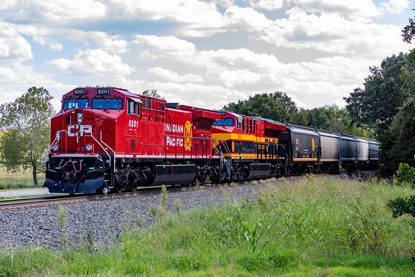 Un tren rojo con hierba en primer plano y un bosque detrás.