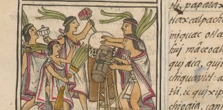 An illustration of Mexica drummers alongside Nahuatl text
