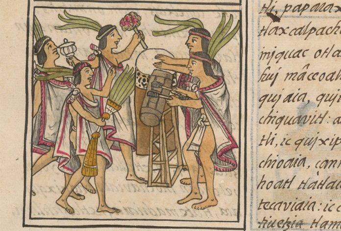 An illustration of Mexica drummers alongside Nahuatl text