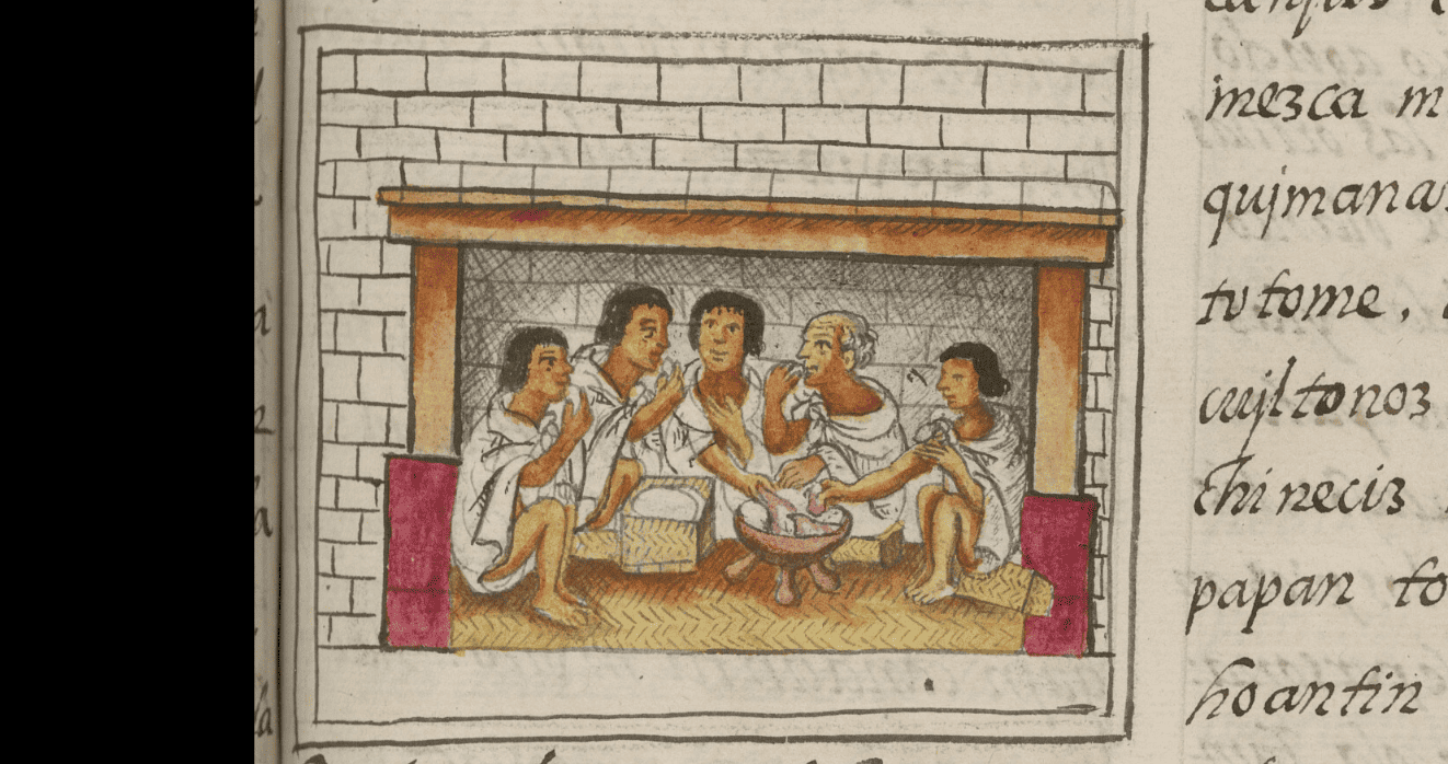 An illustration of a group of people sharing a meal of water fowl and tortillas in a small room