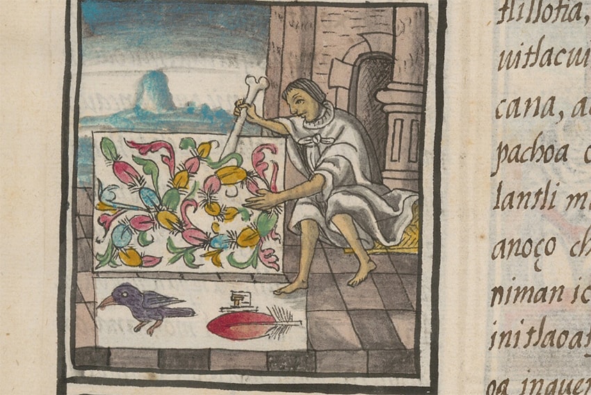 An feather-working artisan plies his trade in a tiled outdoor space (illustration)