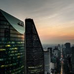 The sun sets on the Torre Mayor and other skyscrapers in Colonia Cuauhtémoc, Mexico City.