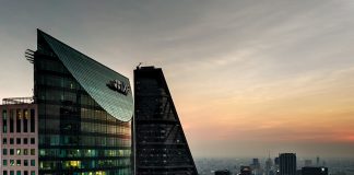 The sun sets on the Torre Mayor and other skyscrapers in Colonia Cuauhtémoc, Mexico City.