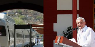 AMLO speaks at a podium alongside a train at an Interoceanic Train station