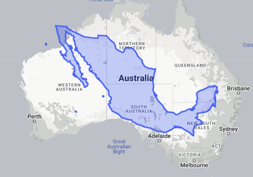 Tamaño de México versus Australia en superficie terrestre