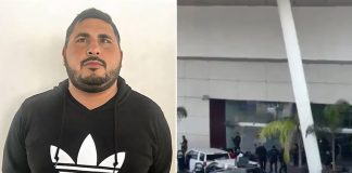 A man wearing an adidas hoodie and a screenshot of police cars outside a store