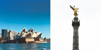 A picture of the Sydney Opera House and another picture of the Angel of Independence in Mexico City.