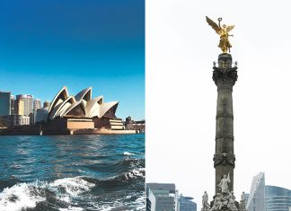 A picture of the Sydney Opera House and another picture of the Angel of Independence in Mexico City.