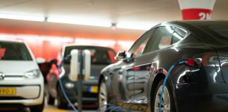 An electric car in a warehouse