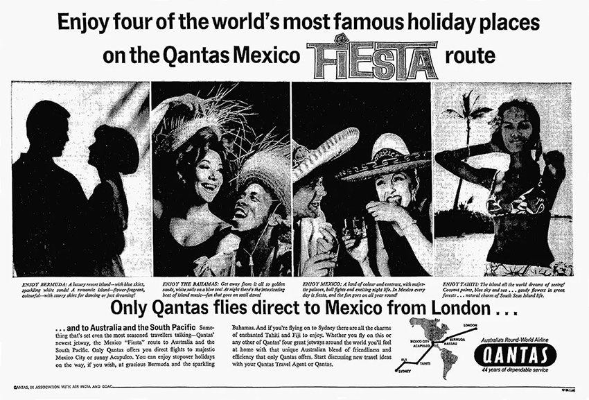 A vintage advertisement for Qantas' "Fiesta Route" to Mexico