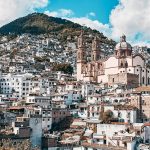 An aerial view of the cathedral and town of Taxco, Guerrero.