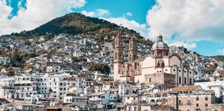 An aerial view of the cathedral and town of Taxco, Guerrero.