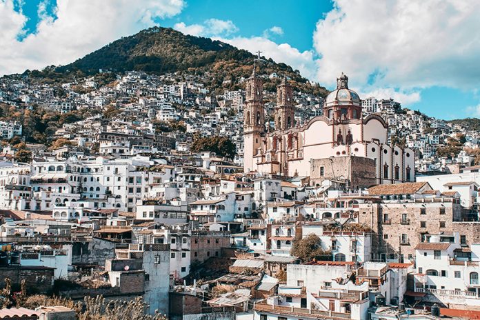 An aerial view of the cathedral and town of Taxco, Guerrero.