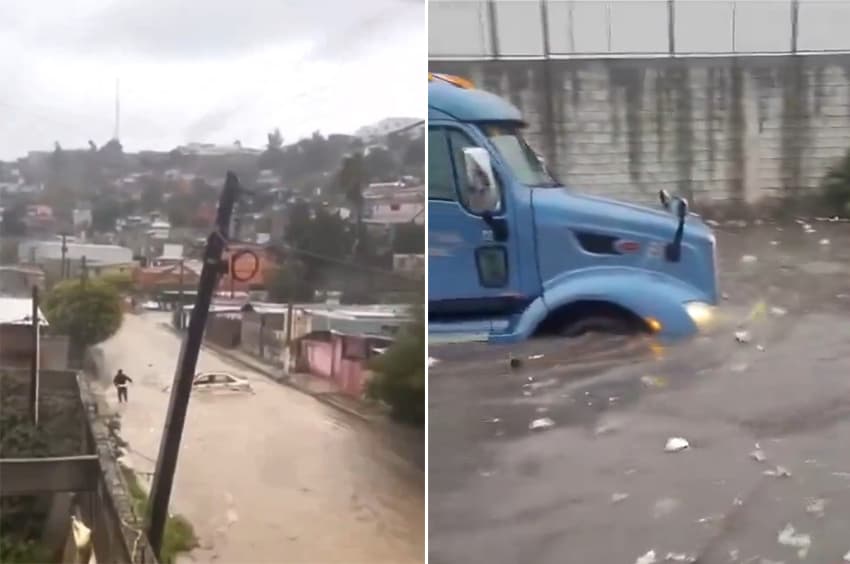 Los usuarios de las redes sociales compartieron videos de sus experiencias con la inundación.  A la izquierda, un coche es arrastrado calle abajo por las aguas de la inundación.  A la derecha, un remolque avanza por la zona inundada de la aduana de Otay, cerca de la frontera con Estados Unidos.