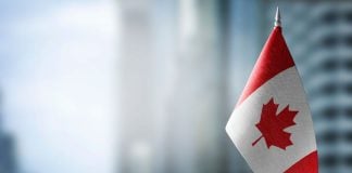 A Canadian flag in front of a blurry city background