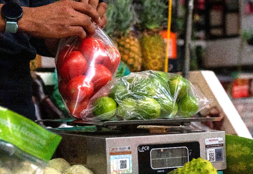 Person weighing bags of produce on a scale