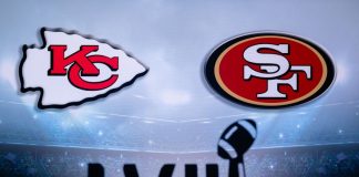 A TV screen shows the logos for the San Francisco and Kansas City NFL teams