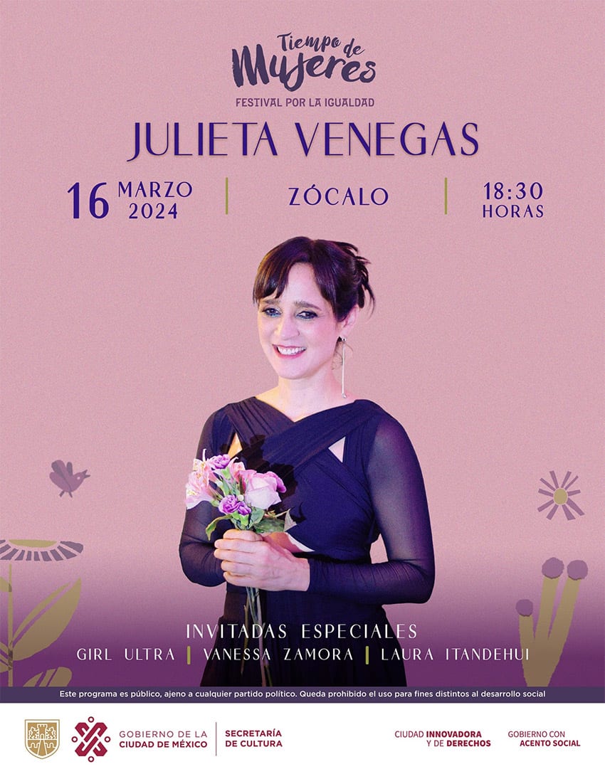 A pink concert poster featuring Julieta Venegas holding a bouquet of flowers