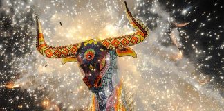 A bull shaped fireworks display at Mexico's International Pyrotechnics Festival in 2017