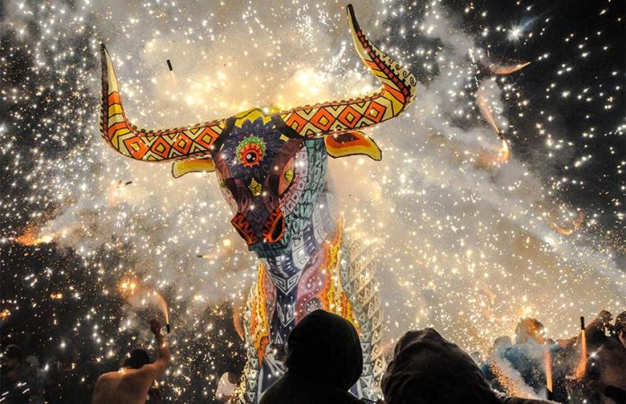 A bull shaped fireworks display at Mexico's International Pyrotechnics Festival in 2017