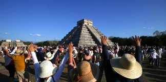 Visitors gather at the Temple of Kukulcán in Chichén Itzá to witness the phenomenon of the spring equinox.