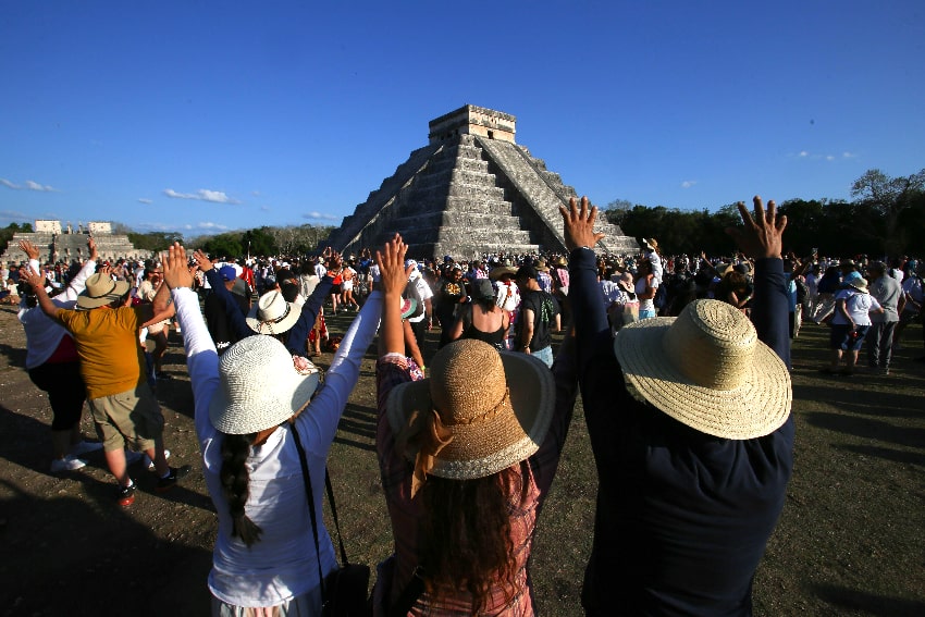 Visitors gather at the Temple of Kukulcán in Chichén Itzá to witness the phenomenon of the spring equinox.