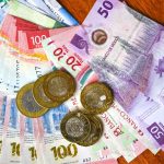 Mexican peso bills and coins