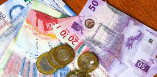 Mexican peso bills and coins