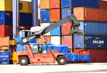 Shipping containers filled with export and import goods at Lázaro Cárdenas port in Michoacán, Mexico