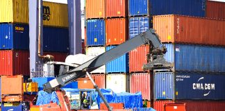 Shipping containers filled with export and import goods at Lázaro Cárdenas port in Michoacán, Mexico