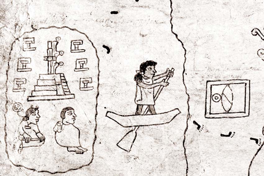 Aztec drawing of a person rowing a boat amid other hieroglyphs and images of ancient peoples near a pyramid