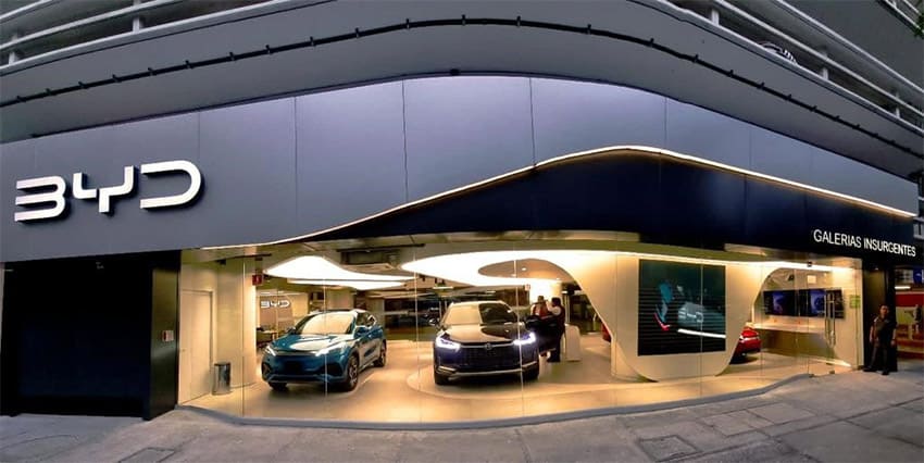 Car models on display at BYD's Mexico City showroom.