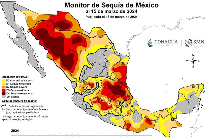 map of showing drought severity across Mexico, with several areas in maroon, red, brown or yellow
