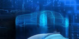 Rendering of the concept of digital twin technology showing a finished car and the same car in digital form