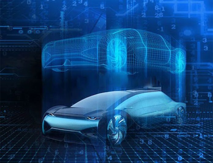 Rendering of the concept of digital twin technology showing a finished car and the same car in digital form