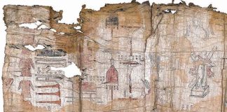 Amate bark paper showing Mexica drawings of the inventory of the colonial church of San Andrés Tetepilco.