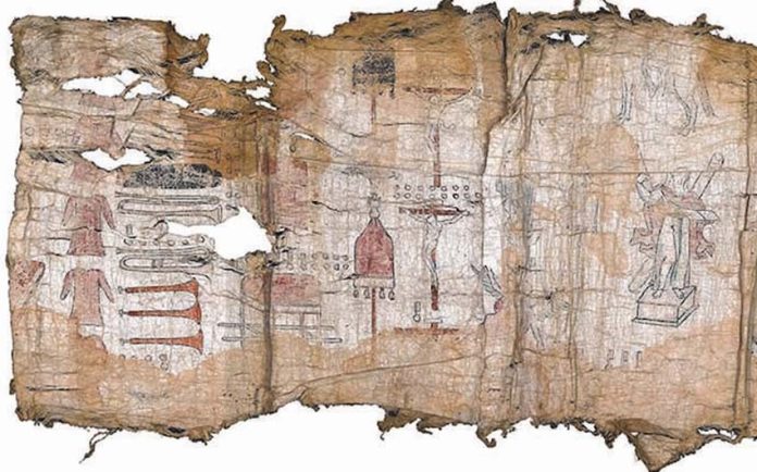 Amate bark paper showing Mexica drawings of the inventory of the colonial church of San Andrés Tetepilco.