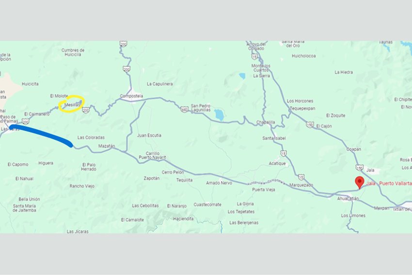 Map of Nayarit showing the new highway from Jala to Las Varas in Nayarit