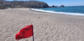 A red flag on an empty beach