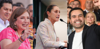A collage showing Mexican presidential candidates Claudia Sheinbaum, Jorge Álvarez Maynez and Xóchitl Gálvez