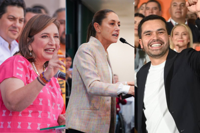 A collage showing Mexican presidential candidates Claudia Sheinbaum, Jorge Álvarez Maynez and Xóchitl Gálvez