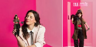 Lila Avilés with her Barbie Role Model doll on a pink background