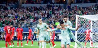 Soccer player Edson Álvarez celebrates after scoring a goal.