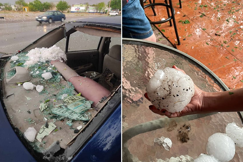 Hail and a damaged car in Coahuila