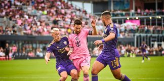 Messi faces two Orlando City players in a Round of 16 game for the Concacaf Champions Cup.